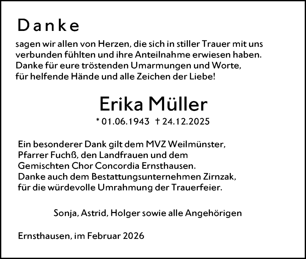  Traueranzeige für Erika Müller vom 07.02.2026 aus Weilburger Tageblatt