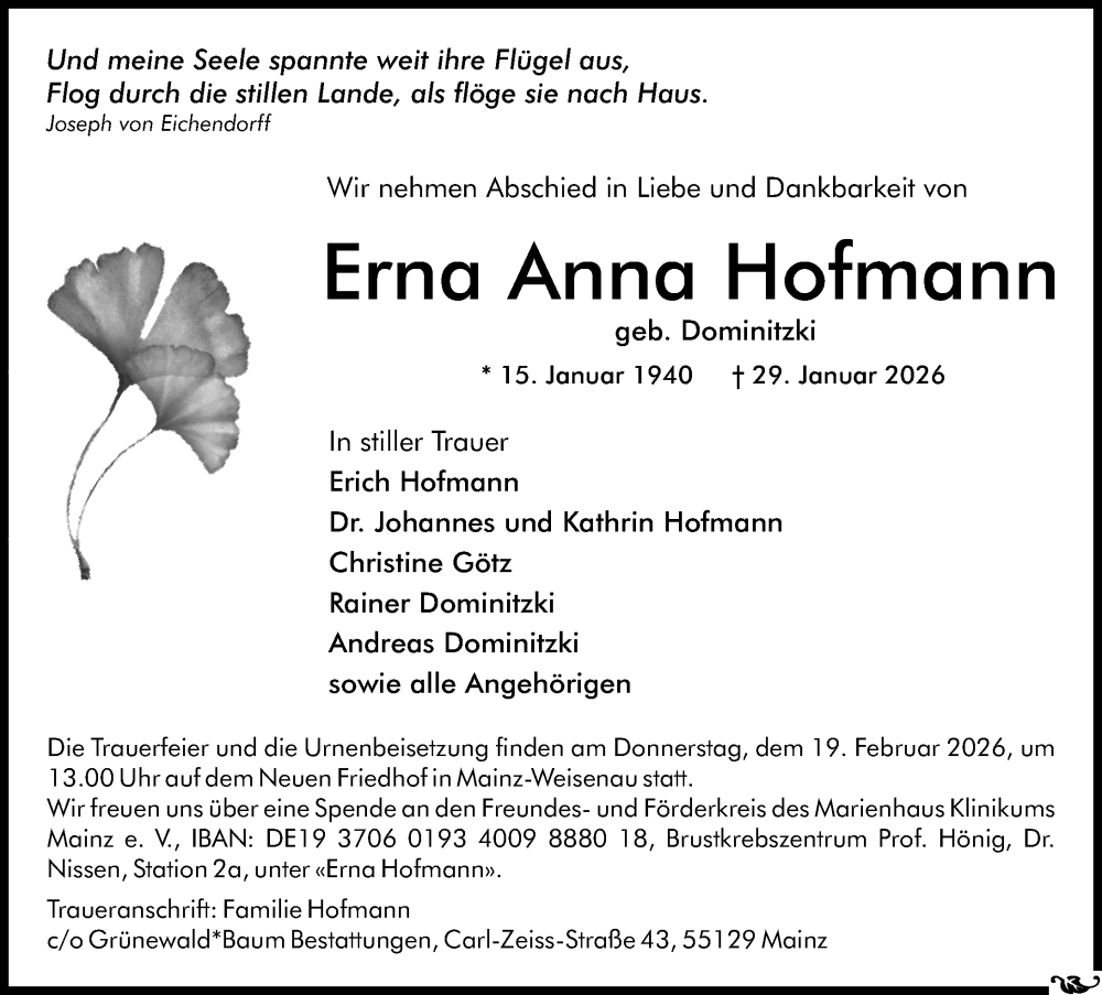  Traueranzeige für Erna Anna Hofmann vom 07.02.2026 aus Allgemeine Zeitung Mainz