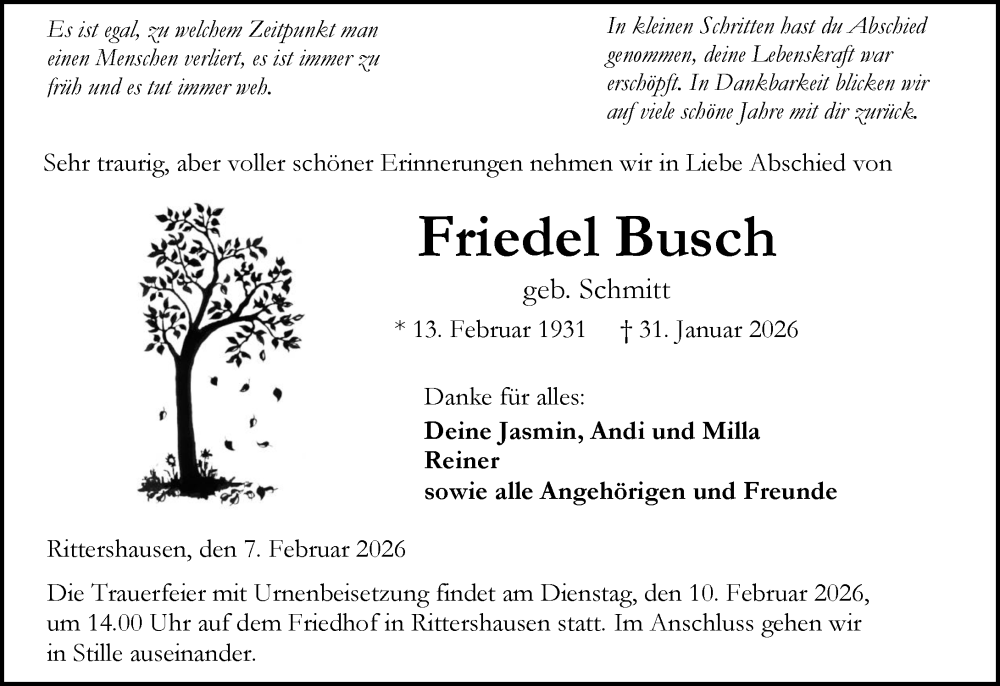  Traueranzeige für Friedel Busch vom 07.02.2026 aus Dill Block