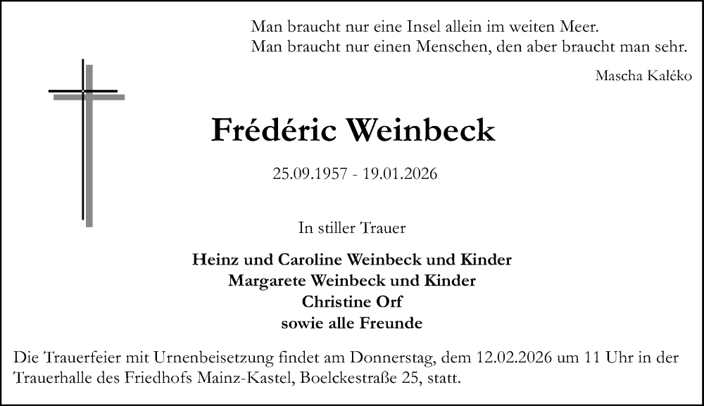  Traueranzeige für Frédéric Weinbeck vom 07.02.2026 aus Allgemeine Zeitung Mainz