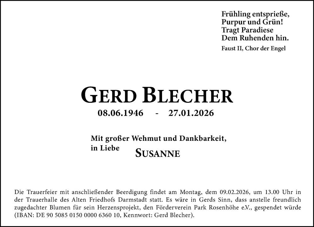  Traueranzeige für Gerd Blecher vom 07.02.2026 aus Darmstädter Echo