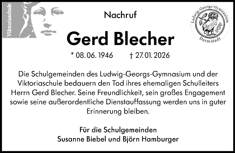  Traueranzeige für Gerd Blecher vom 07.02.2026 aus Darmstädter Echo