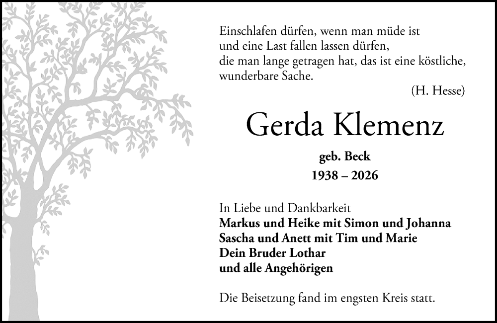  Traueranzeige für Gerda Klemenz vom 07.02.2026 aus Darmstädter Echo