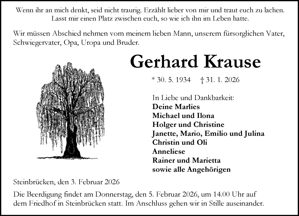  Traueranzeige für Gerhard Krause vom 03.02.2026 aus Dill Block