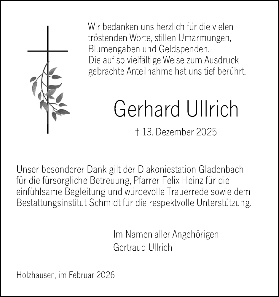  Traueranzeige für Gerhard Ullrich vom 07.02.2026 aus Hinterländer Anzeiger