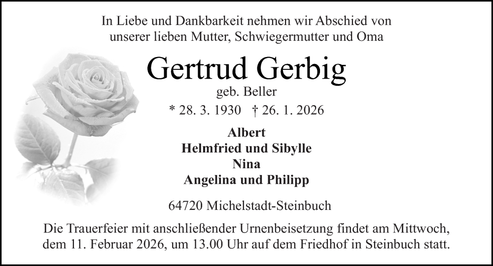  Traueranzeige für Gertrud Gerbig vom 07.02.2026 aus Odenwälder Echo