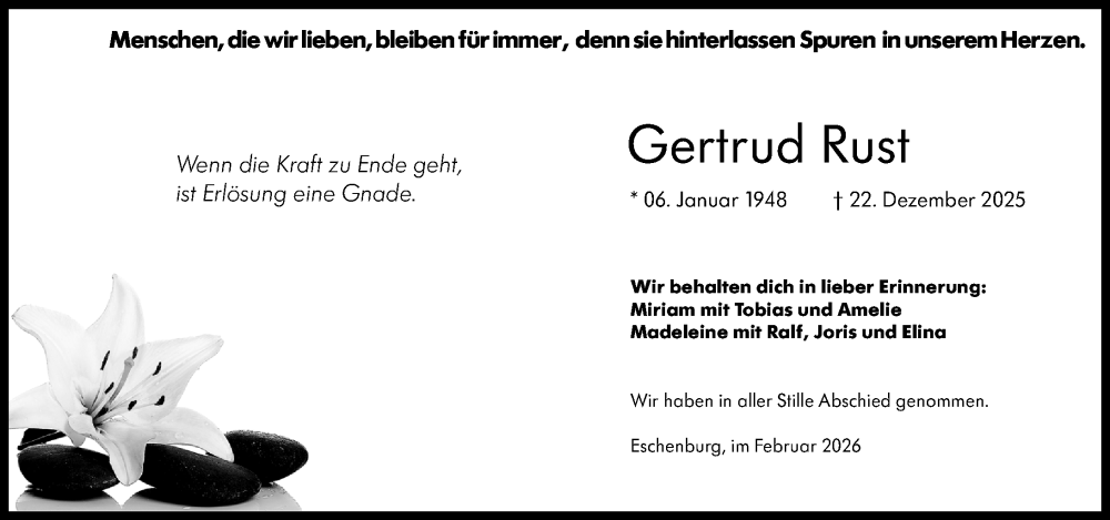  Traueranzeige für Gertrud Rust vom 04.02.2026 aus Dill Block