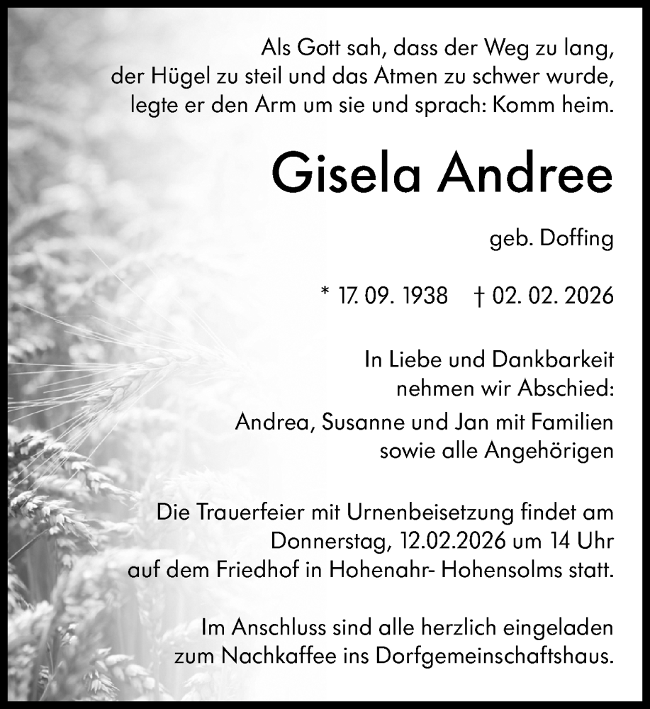  Traueranzeige für Gisela Andree vom 07.02.2026 aus Wetzlarer Neue Zeitung