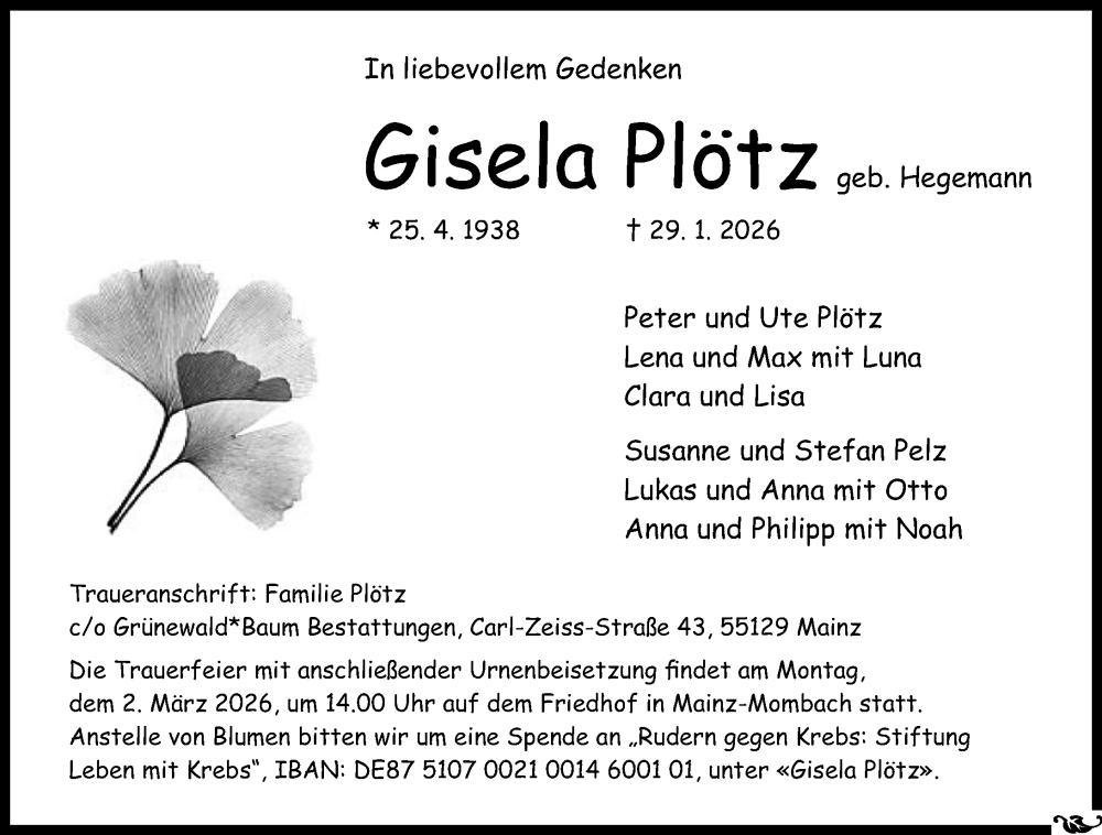  Traueranzeige für Gisela Plötz vom 07.02.2026 aus Allgemeine Zeitung Mainz