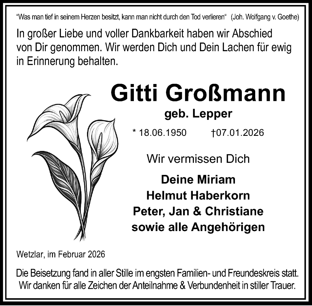  Traueranzeige für Gitti Großmann vom 14.02.2026 aus Wetzlarer Neue Zeitung