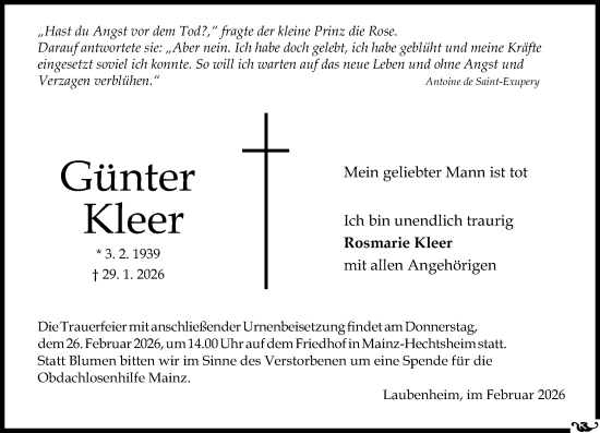 Traueranzeige von Günter Kleer von Allgemeine Zeitung Mainz
