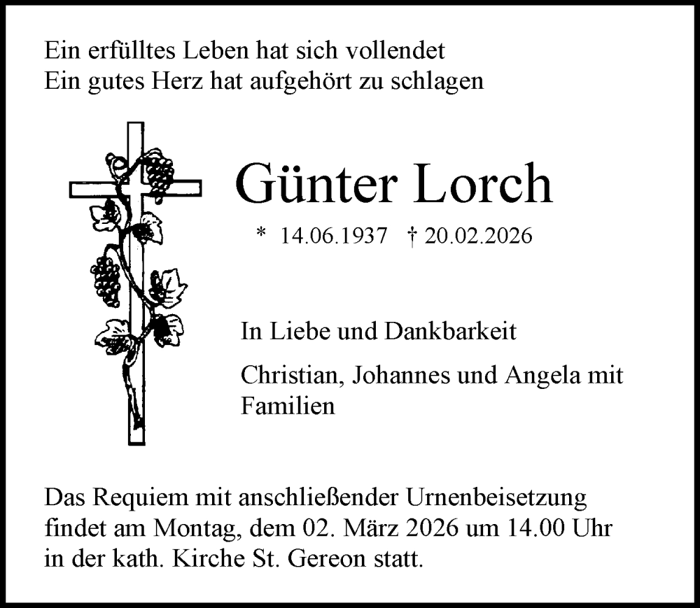  Traueranzeige für Günter Lorch vom 28.02.2026 aus Allgemeine Zeitung Mainz