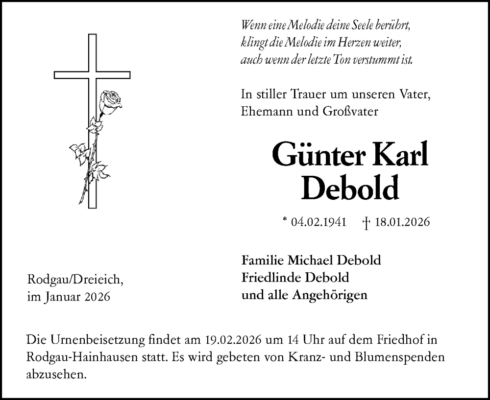  Traueranzeige für Günter Karl Debold vom 07.02.2026 aus Wormser Zeitung