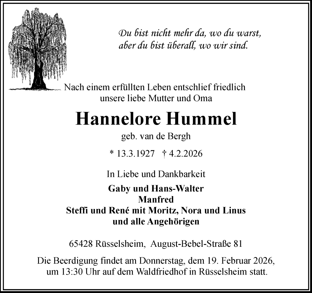  Traueranzeige für Hannelore Hummel vom 07.02.2026 aus Rüsselsheimer Echo
