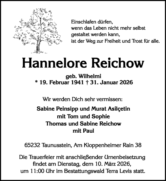 Traueranzeige von Hannelore Reichow von Wiesbadener Kurier