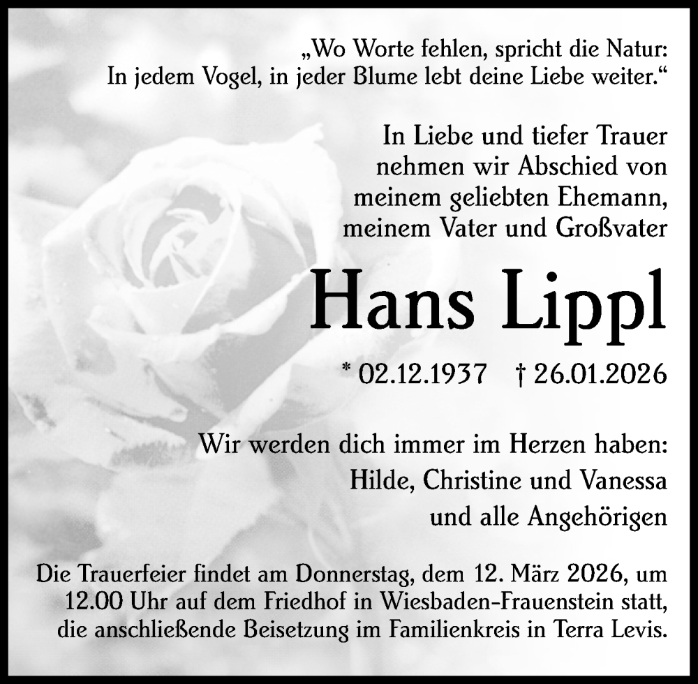  Traueranzeige für Hans Lippl vom 07.02.2026 aus Wiesbadener Kurier
