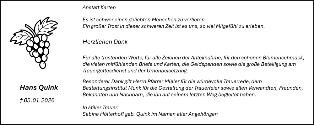  Traueranzeige für Hans Quink vom 06.02.2026 aus Hochheimer Zeitung
