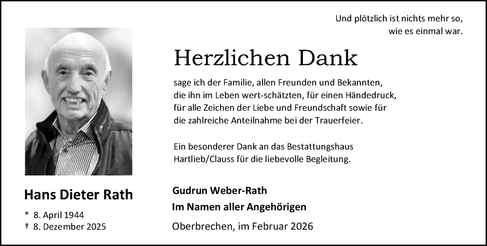  Traueranzeige für Hans Dieter Rath vom 12.02.2026 aus Camberger Anzeiger