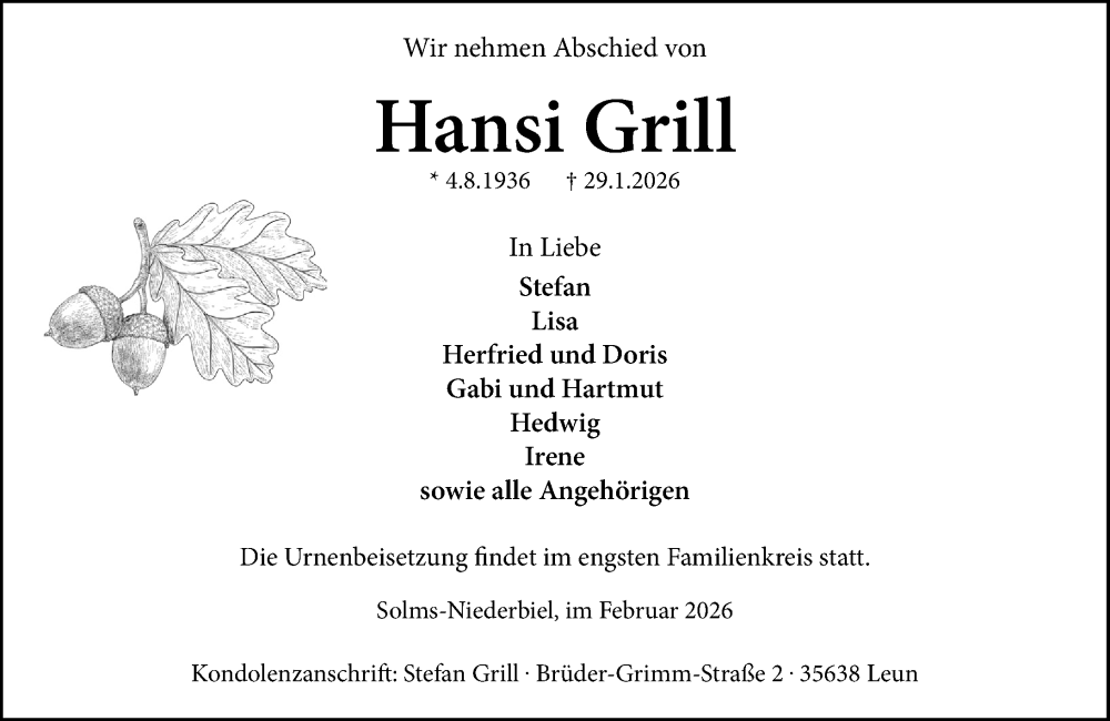  Traueranzeige für Hansi Grill vom 07.02.2026 aus Wetzlarer Neue Zeitung