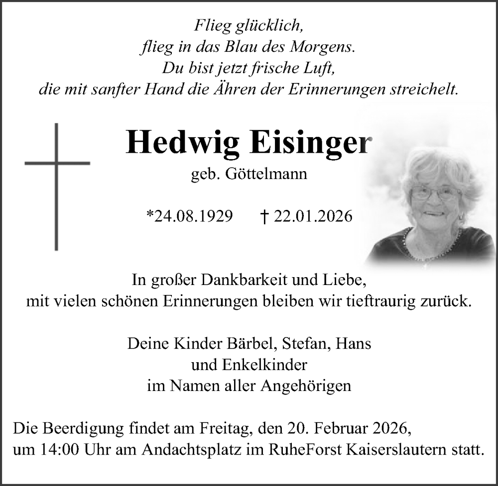  Traueranzeige für Hedwig Eisinger vom 03.02.2026 aus Allgemeine Zeitung Alzey