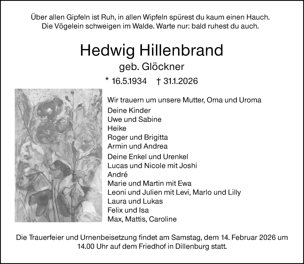  Traueranzeige für Hedwig Hillenbrand vom 07.02.2026 aus Dill Block