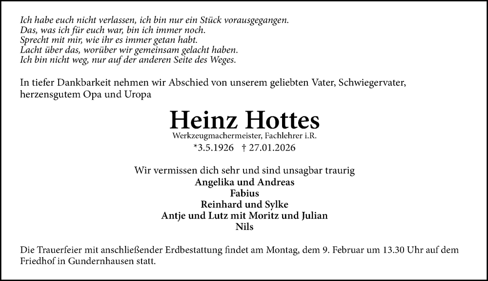  Traueranzeige für Heinz Hottes vom 07.02.2026 aus Darmstädter Echo