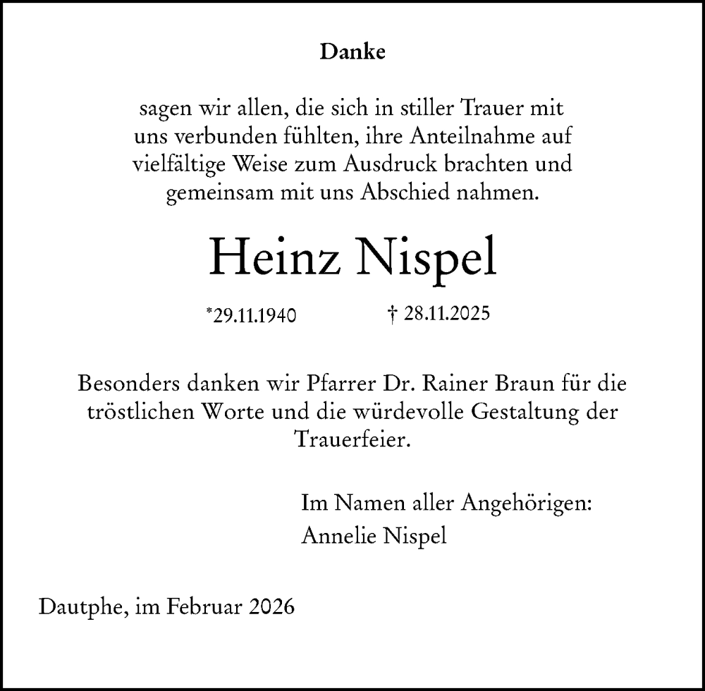  Traueranzeige für Heinz Nispel vom 11.02.2026 aus Hinterländer Anzeiger