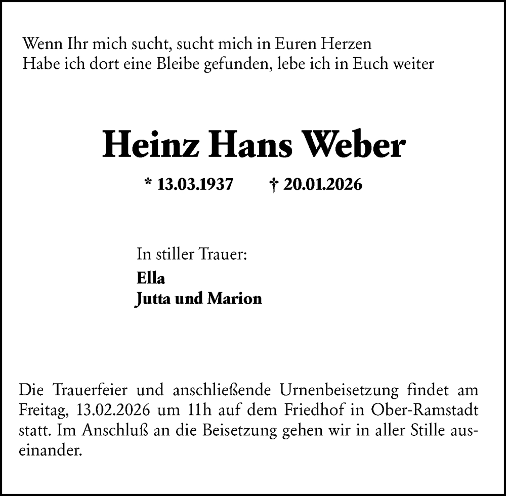  Traueranzeige für Heinz Hans Weber vom 07.02.2026 aus Darmstädter Echo