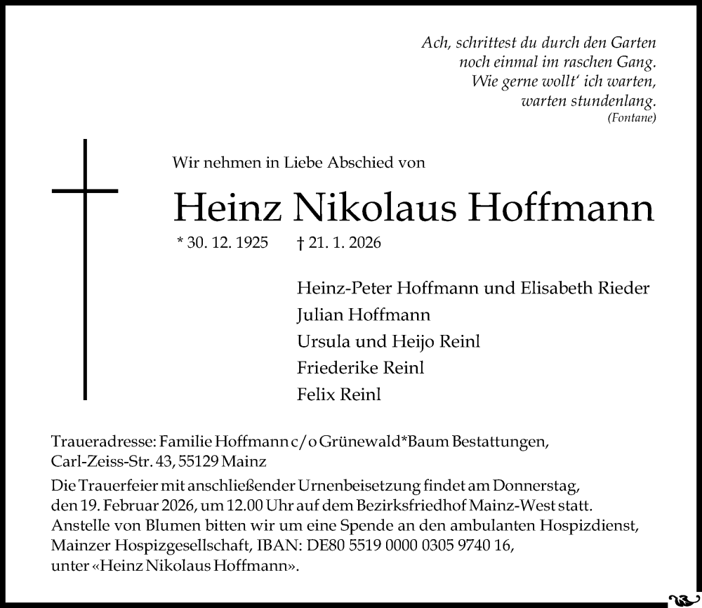  Traueranzeige für Heinz Nikolaus Hoffmann vom 07.02.2026 aus Allgemeine Zeitung Mainz