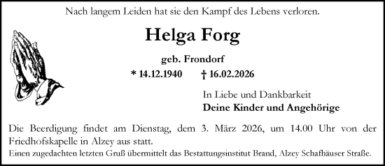 Traueranzeige von Helga Forg von Allgemeine Zeitung Alzey
