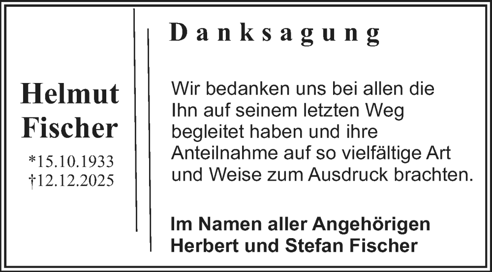  Traueranzeige für Helmut Fischer vom 07.02.2026 aus Starkenburger Echo