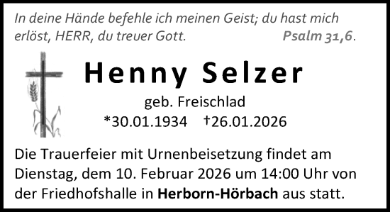 Traueranzeige von Henny Selzer von Dill Block