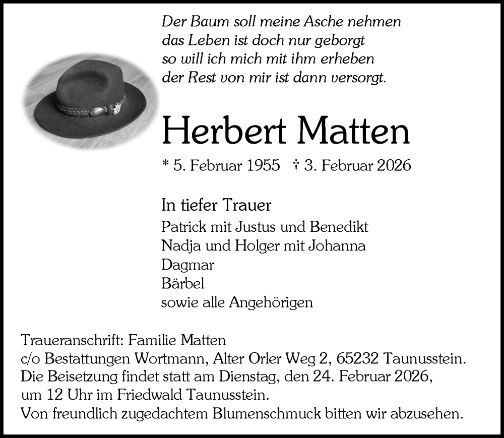  Traueranzeige für Herbert Matten vom 14.02.2026 aus Rheingau-Taunus-Kreis Wochenblatt