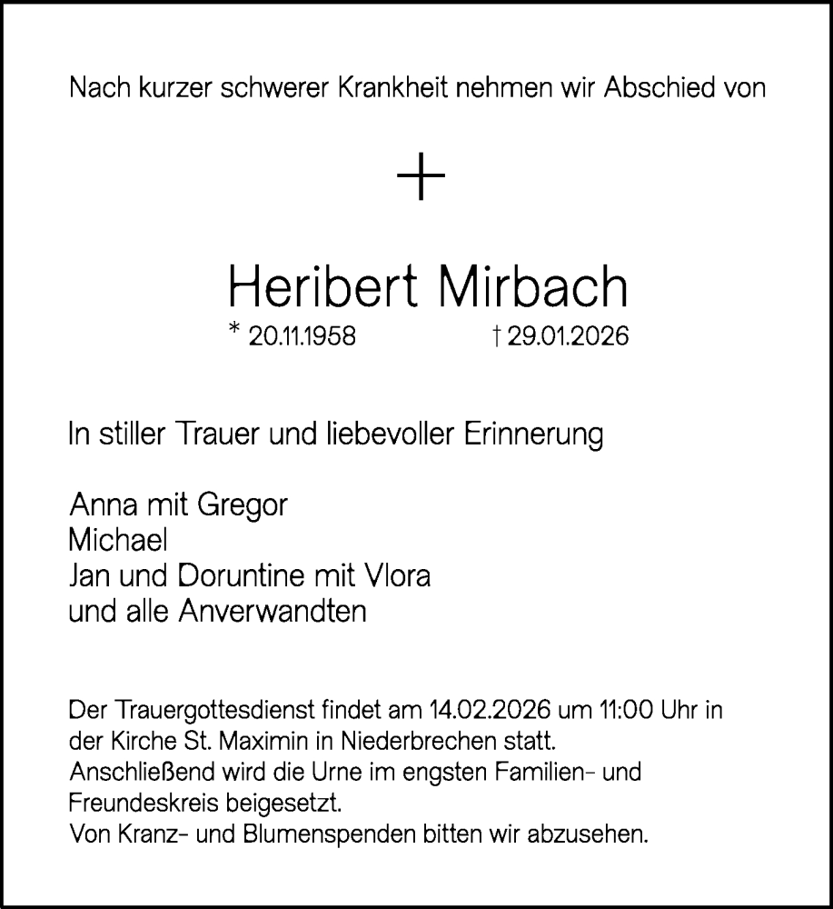  Traueranzeige für Heribert Mirbach vom 05.02.2026 aus Camberger Anzeiger