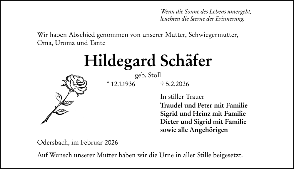  Traueranzeige für Hildegard Schäfer vom 28.02.2026 aus Weilburger Tageblatt