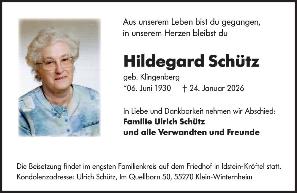  Traueranzeige für Hildegard Schütz vom 07.02.2026 aus Idsteiner Land/Untertaunus