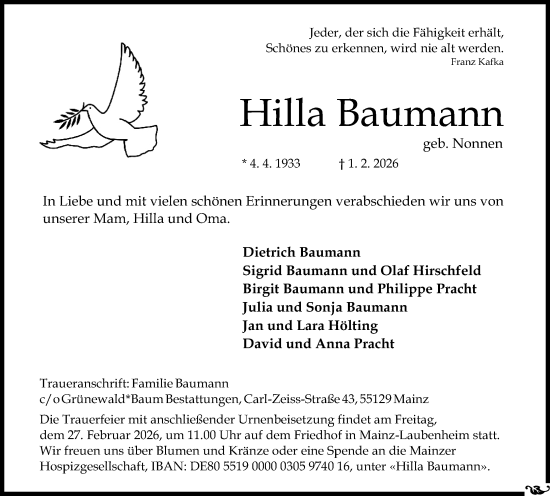 Traueranzeige von Hilla Baumann von Allgemeine Zeitung Mainz