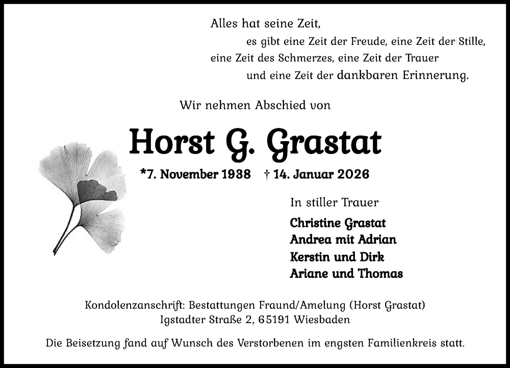  Traueranzeige für Horst G. Grastat vom 07.02.2026 aus Wiesbadener Kurier