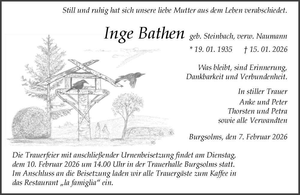  Traueranzeige für Inge Bathen vom 07.02.2026 aus Wetzlarer Neue Zeitung