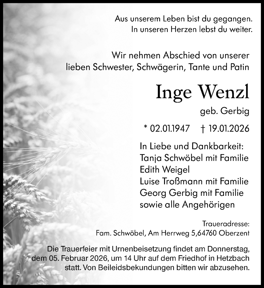  Traueranzeige für Inge Wenzl vom 03.02.2026 aus Odenwälder Echo