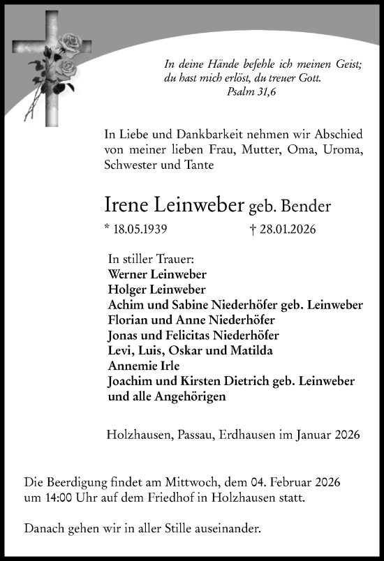 Traueranzeige von Irene Leinweber von Hinterländer Anzeiger