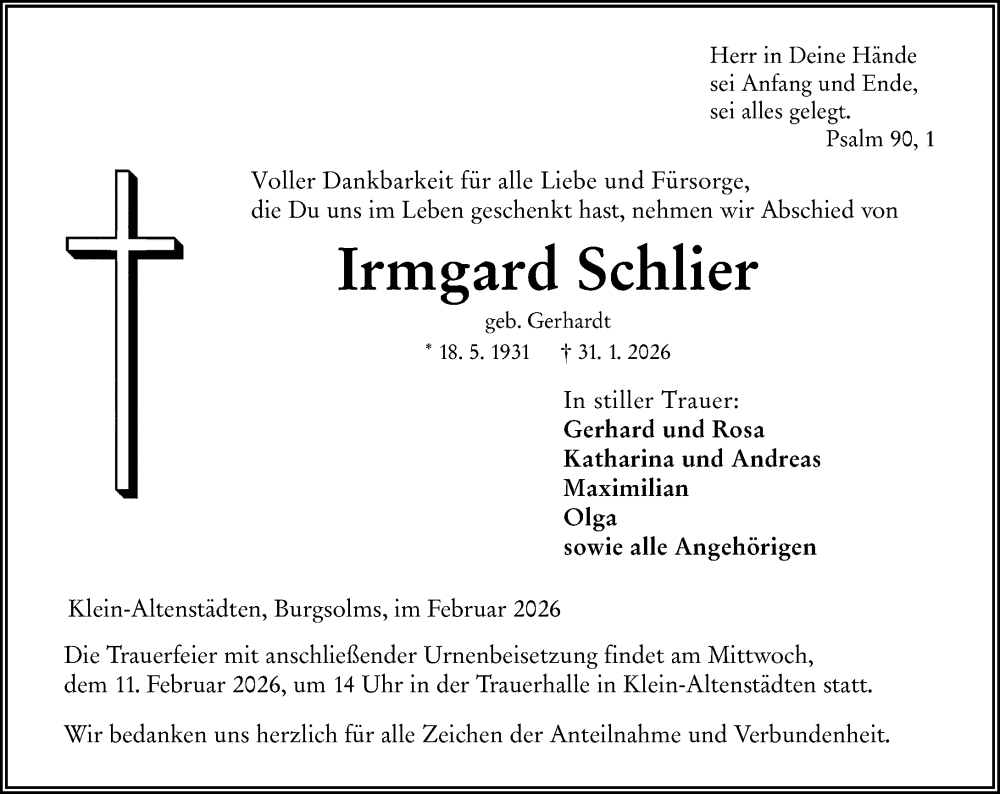  Traueranzeige für Irmgard Schlier vom 07.02.2026 aus Wetzlarer Neue Zeitung