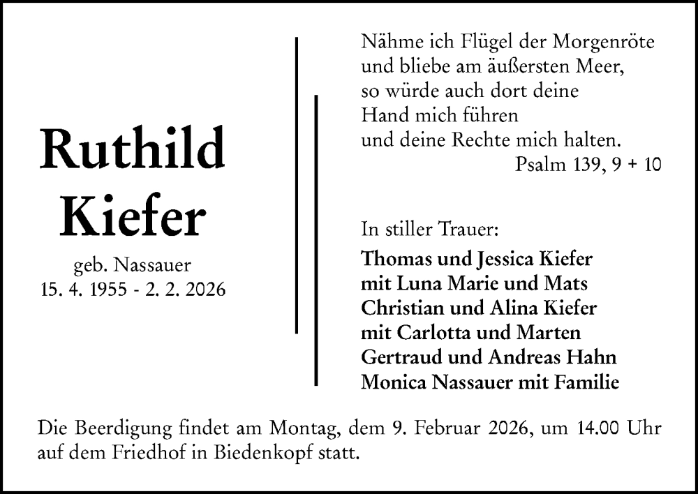  Traueranzeige für Jessica Kiefer vom 06.02.2026 aus Hinterländer Anzeiger