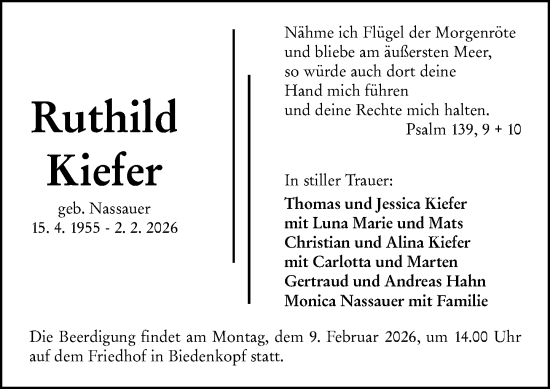 Traueranzeige von Jessica Kiefer von Hinterländer Anzeiger