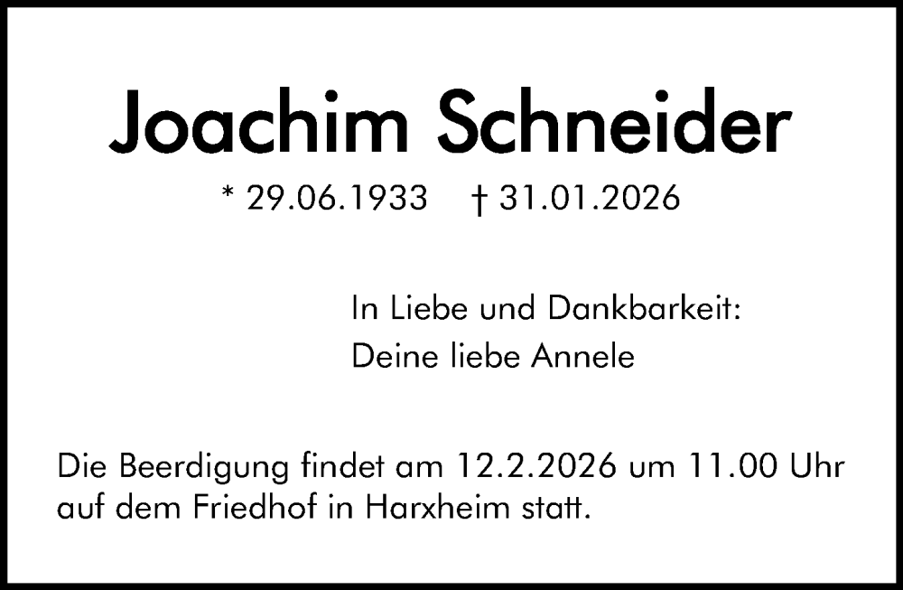  Traueranzeige für Joachim Schneider vom 07.02.2026 aus Allgemeine Zeitung Mainz