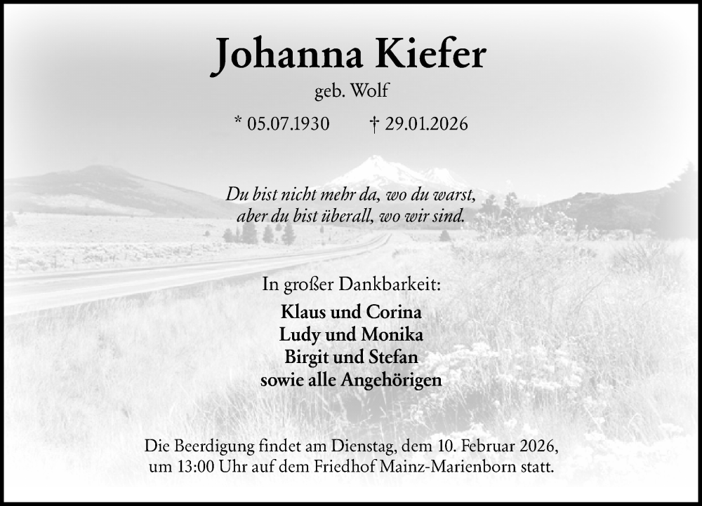  Traueranzeige für Johanna Kiefer vom 07.02.2026 aus Allgemeine Zeitung Mainz