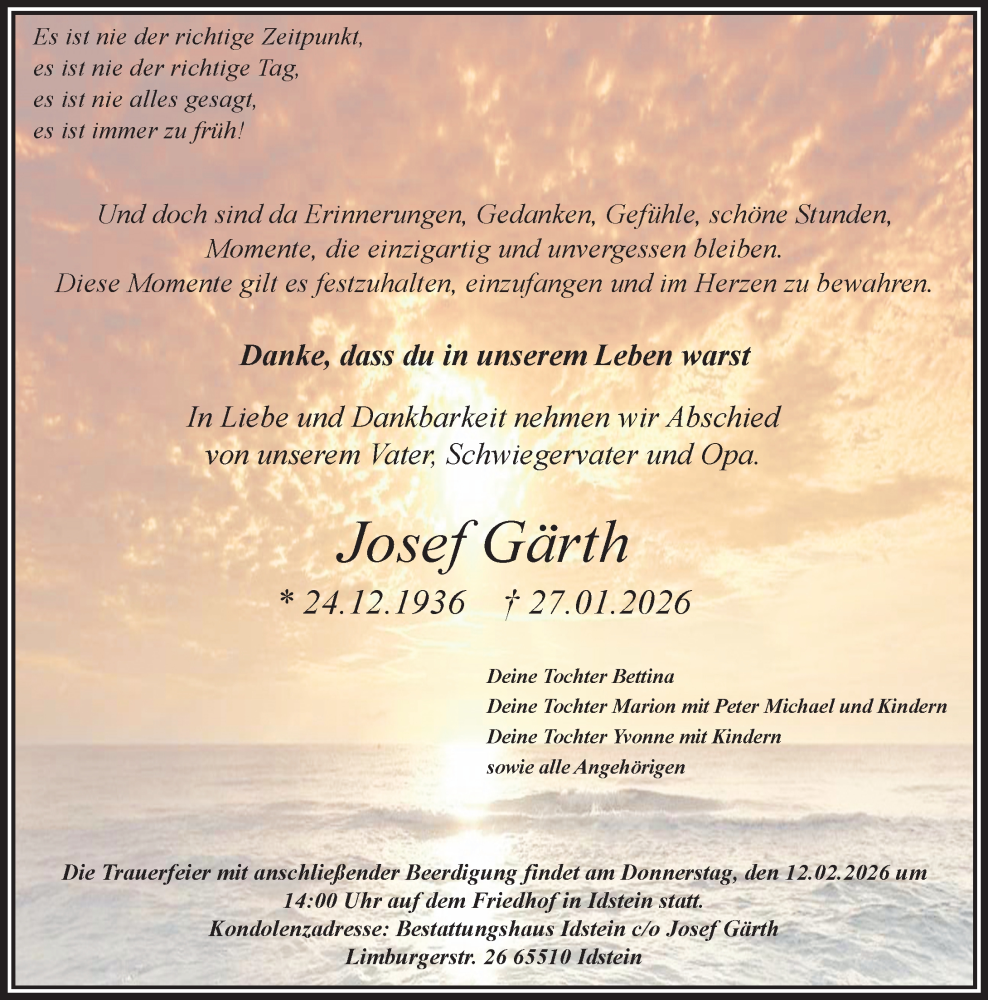  Traueranzeige für Josef Gärth vom 07.02.2026 aus Idsteiner Land/Untertaunus