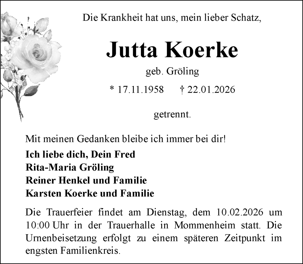  Traueranzeige für Jutta Koerke vom 07.02.2026 aus Allgemeine Zeitung Mainz