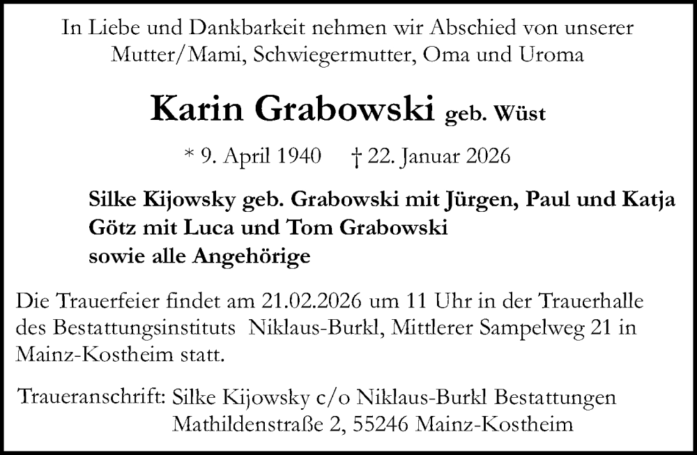  Traueranzeige für Karin Grabowski vom 07.02.2026 aus Wiesbadener Kurier