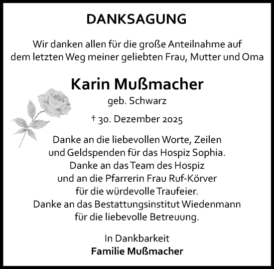 Traueranzeige von Karin Mußmacher von Allgemeine Zeitung Mainz